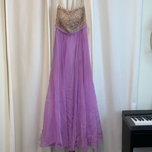 Jeweled bodice cream and light purple maxi dress. Strapless